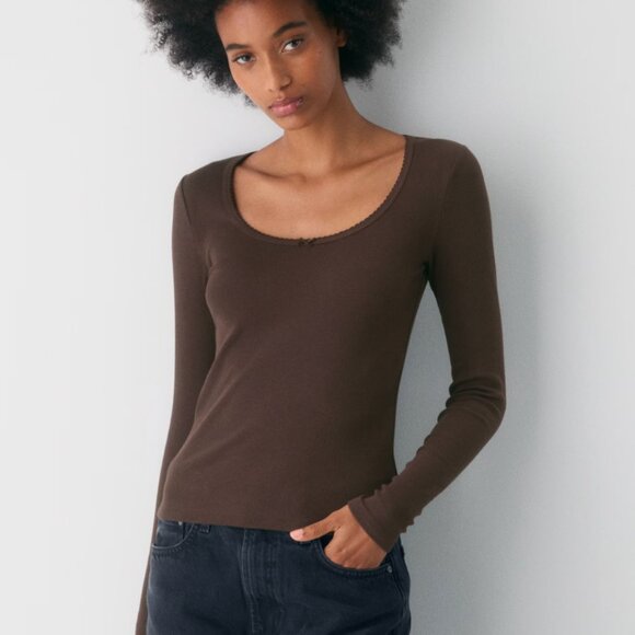 NWOT Aritzia HomeStretch Rib Lace Scoopneck Longsleeve in Rich Mocha Brown - Picture 7 of 9